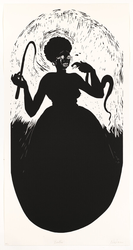 A silhouetted woman in a large dress holds a whip in one hand and a snake in the other.