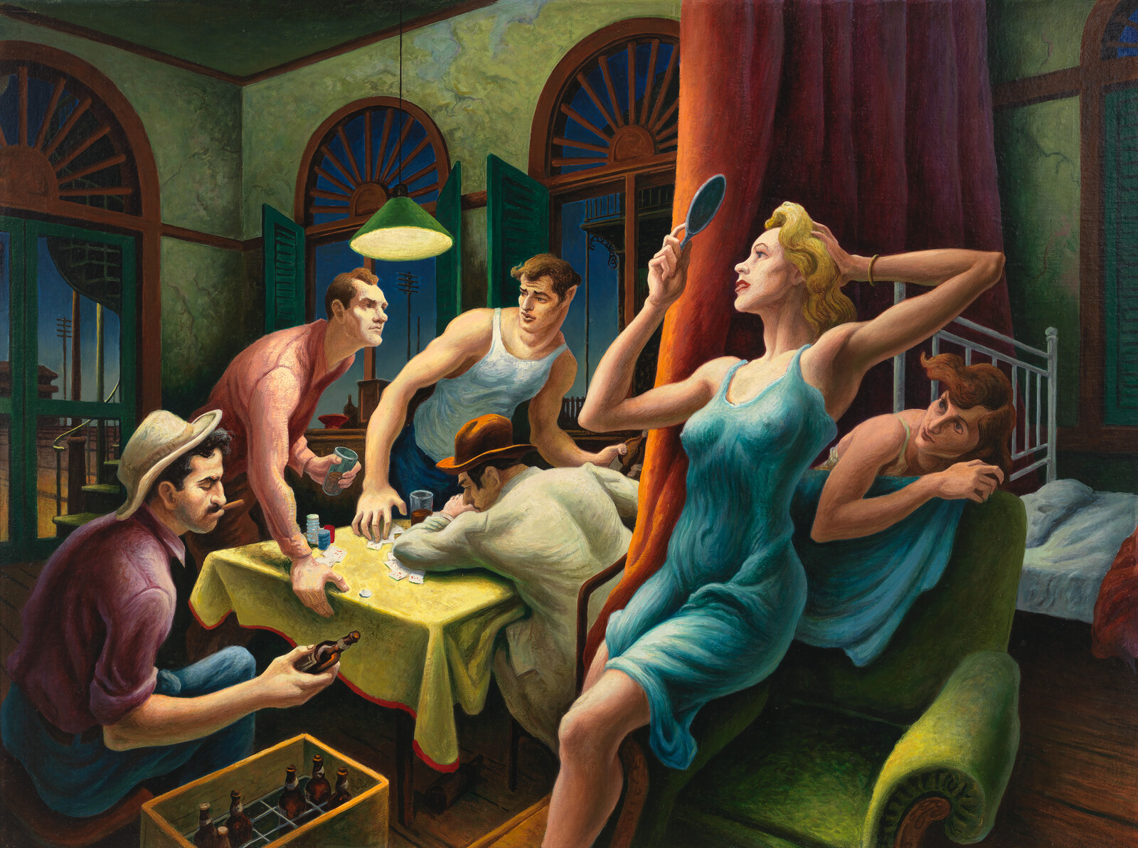 A vividly colored painting depicts a scene with exaggerated, cartoonish characters in an interior setting. On the left, two men sit at a table playing cards, with one holding a bottle and the other tossing chips, while a third man crouches beside a crate of bottles. In the center, a muscular man in a tank top stands with his hands on his hips, looking at the card players. To the right, a woman in a blue slip dress admires herself in a hand mirror while fixing her hair, with another man resting his head on the back of the sofa she is sitting on. The room has green walls, arched windows showing a twilight sky, and a red column. A bed with white sheets is visible in the background.