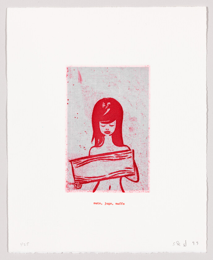 Red print of a contemplative girl holding a sign, with text "nuts, jugs, muffs" below, on a white background.