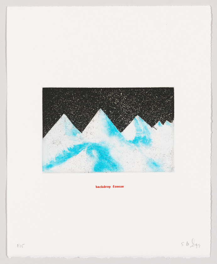 Stylized print of snowy mountains under a starry sky with the words "backdrop freeze" below.
