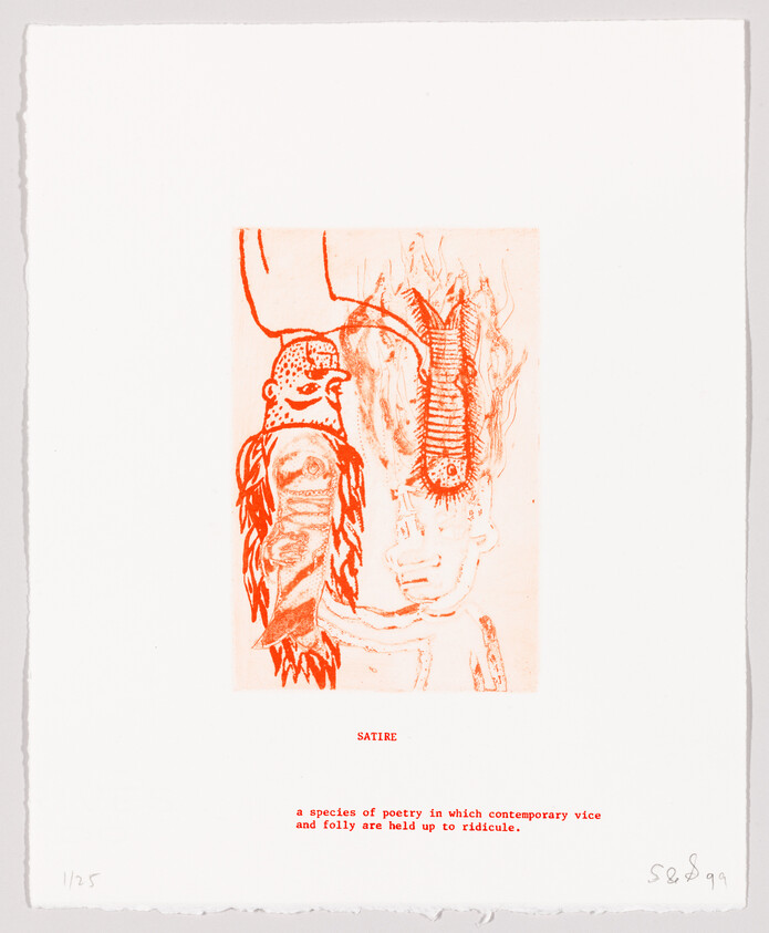 Red ink etching of abstract figures with text "SATIRE" and a definition below, signed and numbered 1/25.