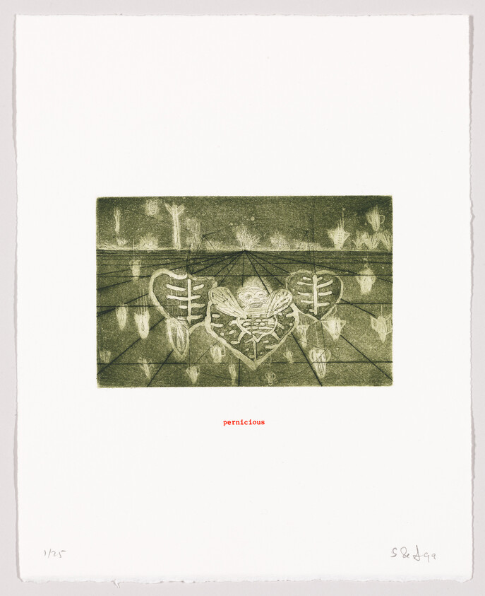 Green-toned print with symmetrical insect-like design, titled "pernicious" at the bottom, signed and numbered by the artist.