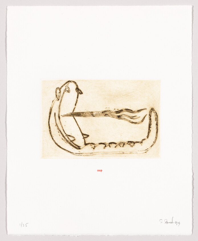 An etching of a stylized, elongated creature resembling a snake, with a prominent head and a wavy body, on a textured paper background. The word "asp" is printed in red below the image, and there are artist's markings including a signature and date in the lower right corner.
