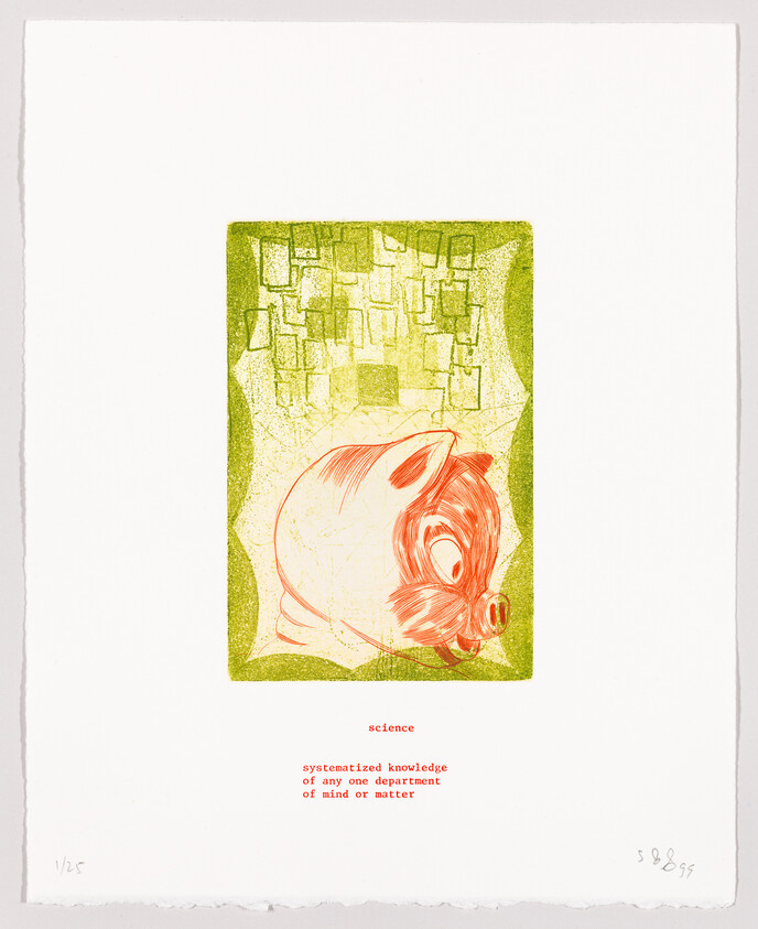 Print of a pig with abstract background, text below defining 'science' as systematic knowledge.