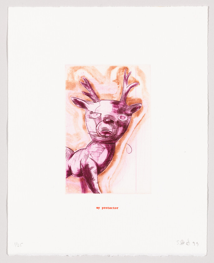 Sketch of a stylized deer with human-like eyes, titled "my protector," dated '99.