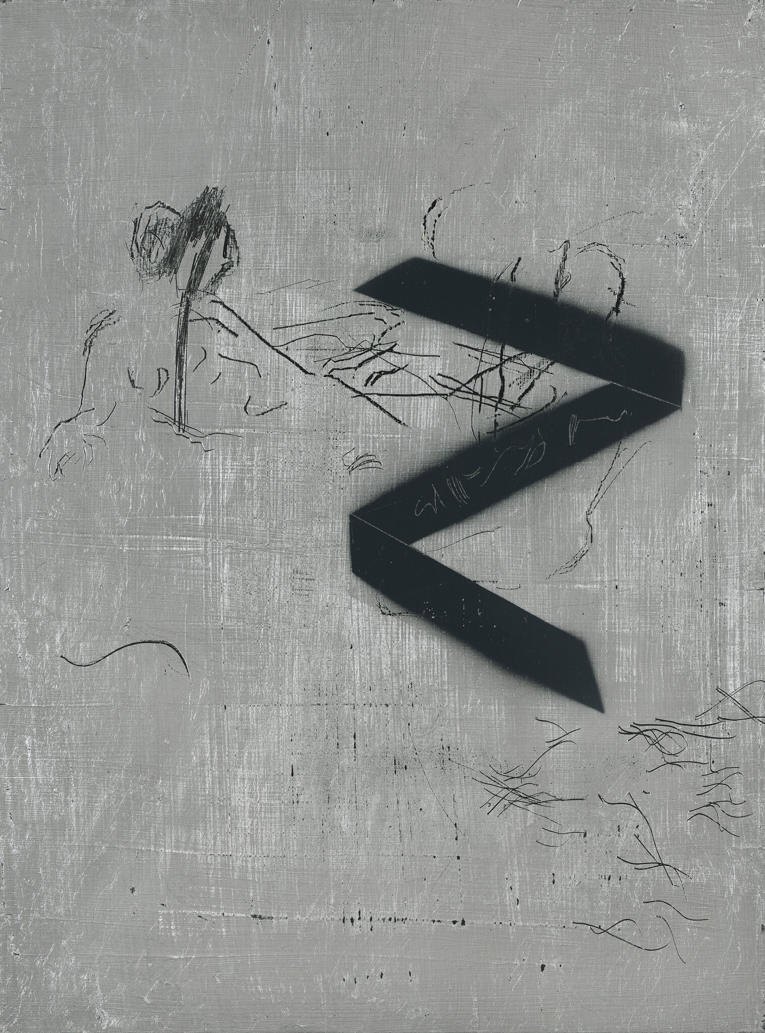 A grayscale abstract painting featuring a textured surface with scattered, scribble-like black lines and a prominent dark geometric shape casting a shadow.