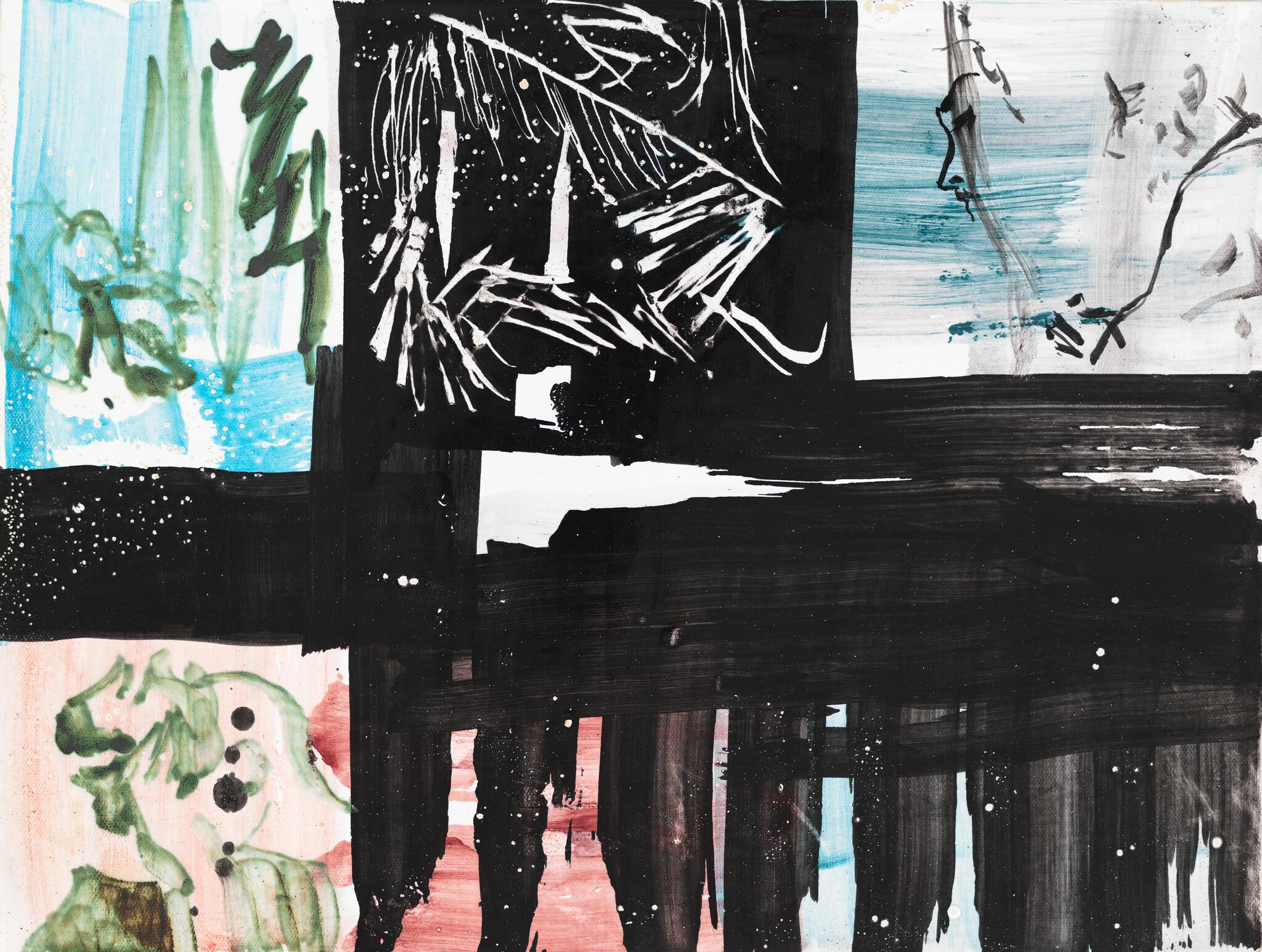 An abstract painting featuring a variety of brush strokes and color splashes, including black, blue, white, and red. The composition is divided into irregular sections, with some areas resembling foliage and others more chaotic and less defined.