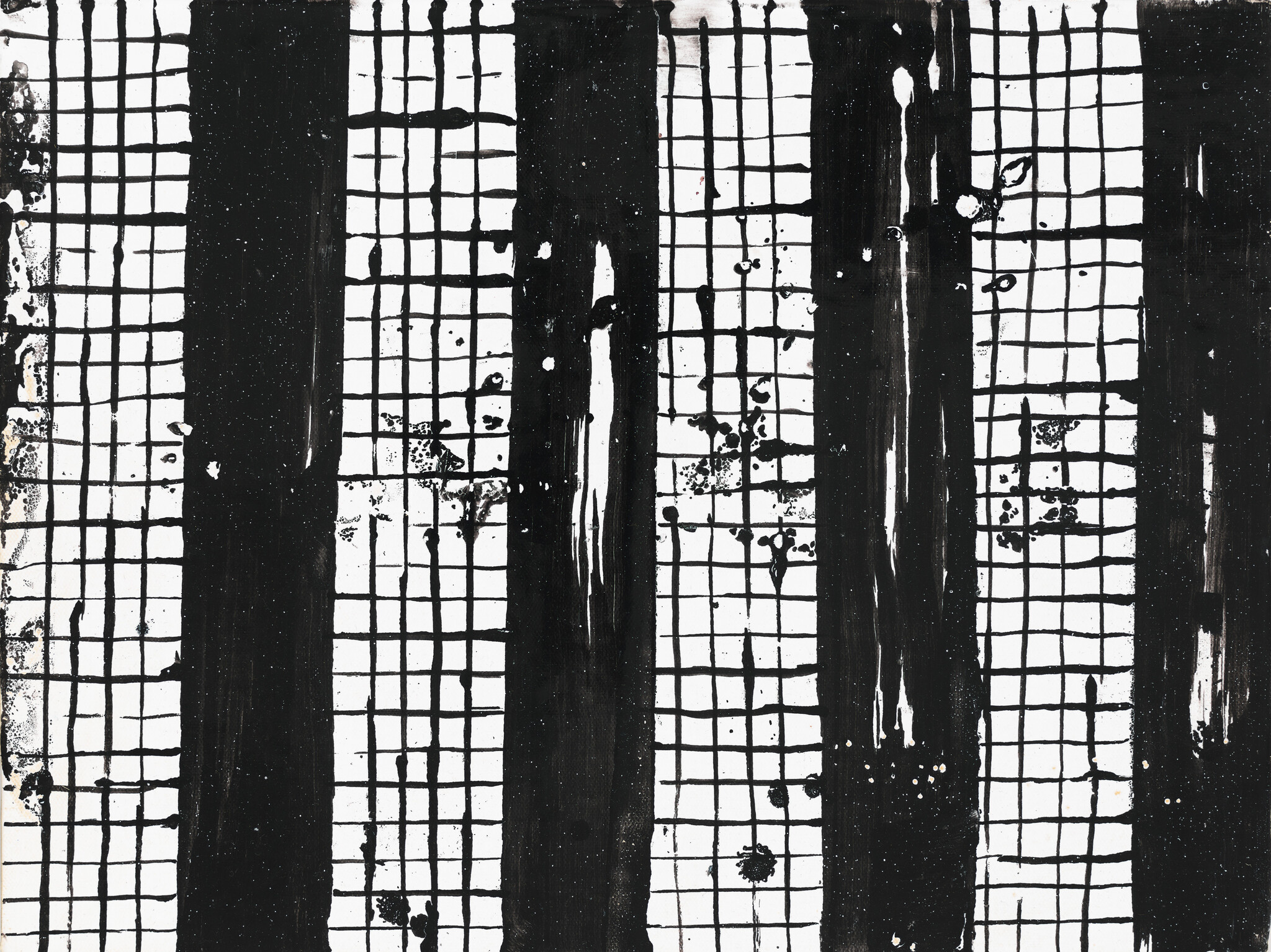 A monochrome abstract painting featuring a grid pattern with several thick, vertical black streaks disrupting the uniformity. The background is white with splatters and drips of black paint scattered throughout, creating a contrast between order and chaos.