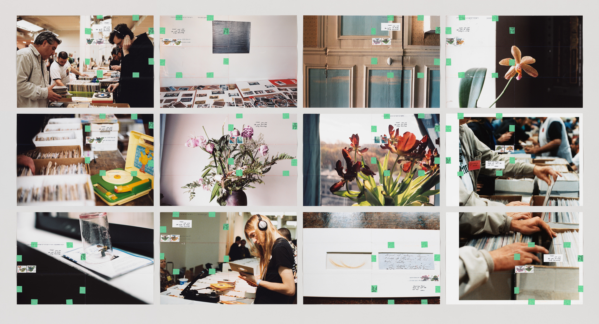 A collage of 12 photos featuring people browsing records, flowers, a vintage record player, and a person with headphones. Green tape marks each image.