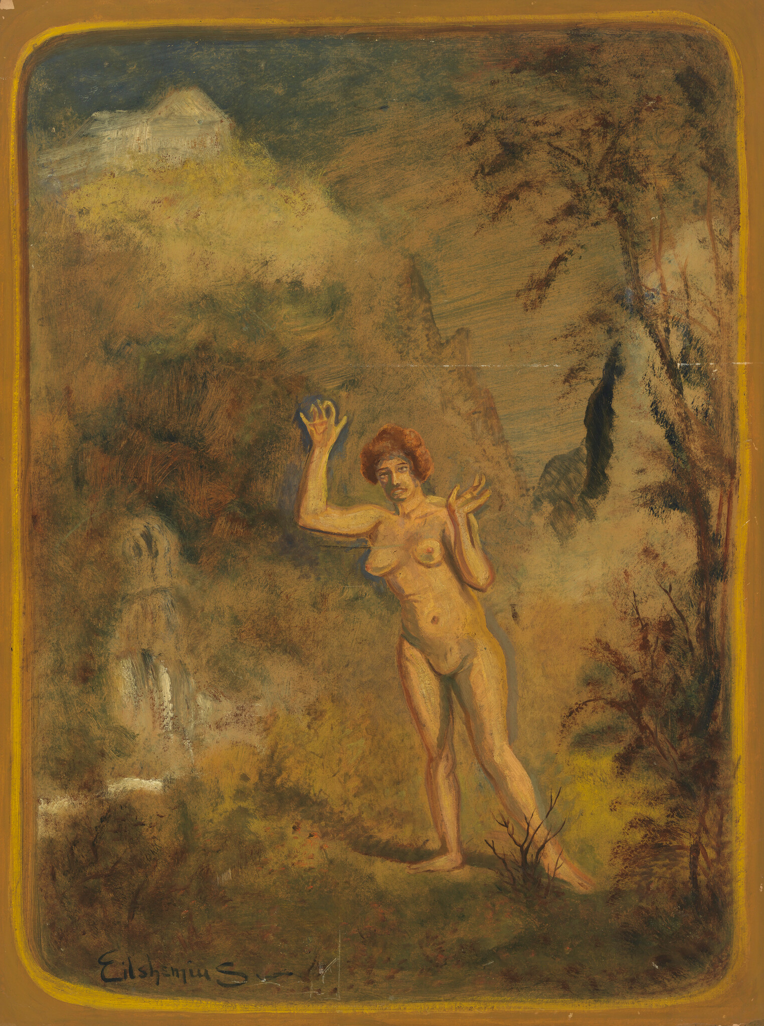 A nude woman stands with raised arms in a wooded landscape, looking toward the viewer.