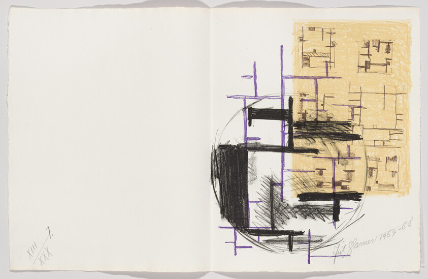Abstract geometric sketch with black and purple grid-like marks and beige rectangular pattern on right page.