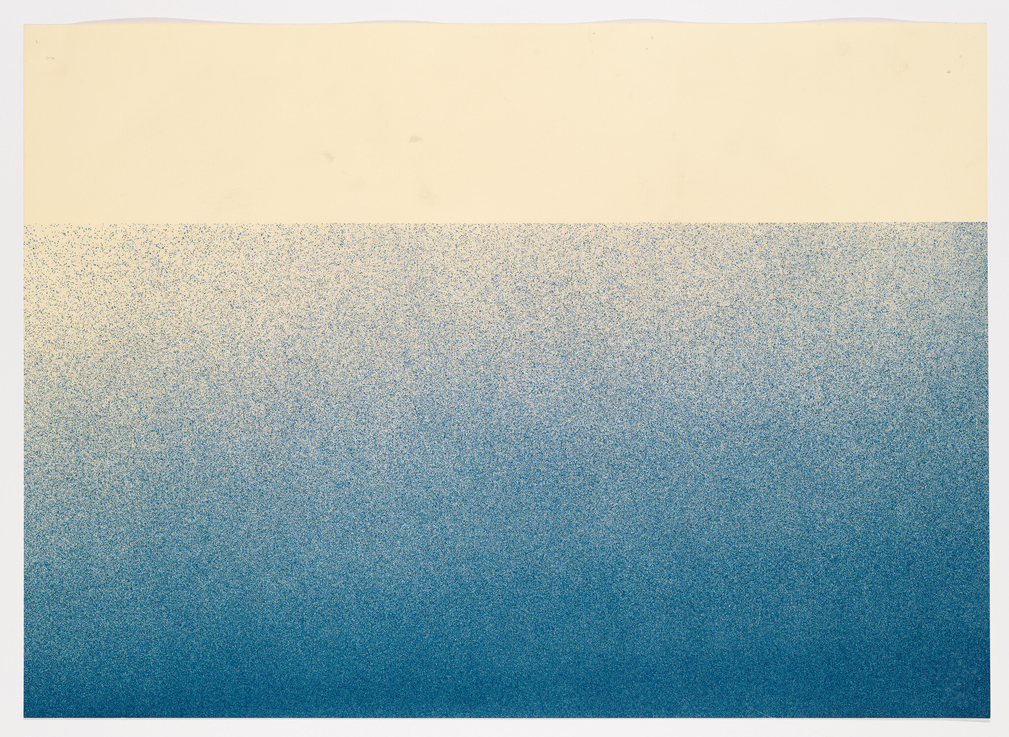 A minimalist artwork with a pale cream band above a dense blue dotted gradient resembling the sea.