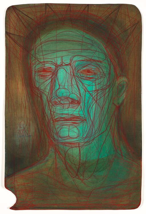 Large abstract teal face sketch with red construction lines filling the whole page.