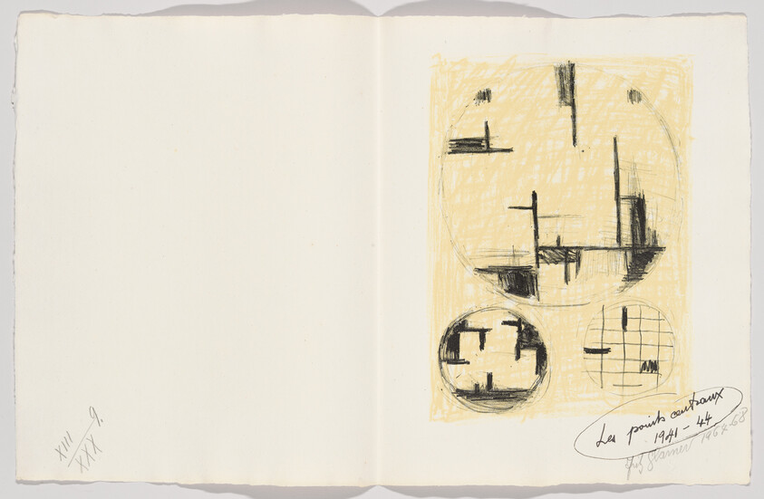 Open sketchbook showing three abstract black-and-yellow circular sketches and a handwritten note on right page.
