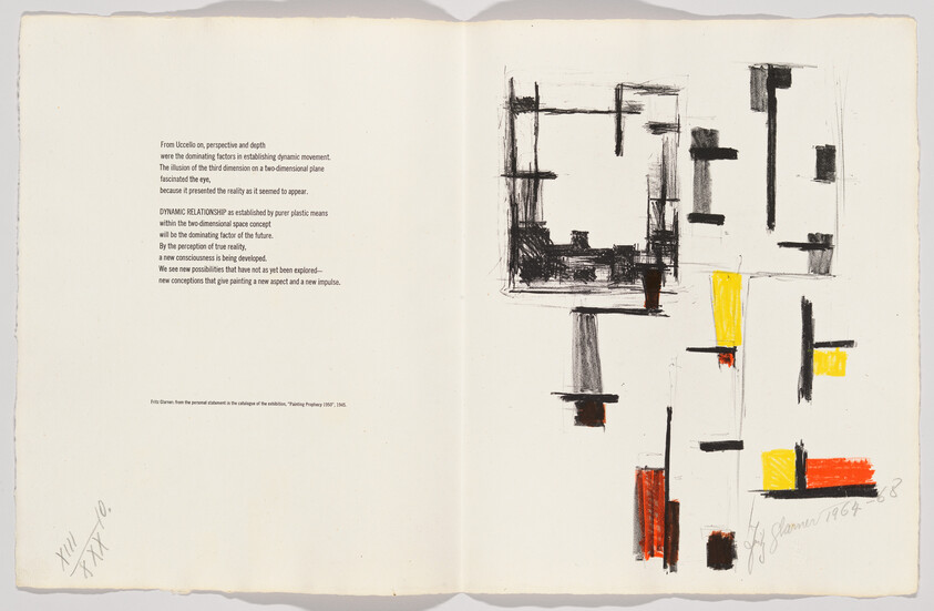 Open spread showing abstract black, red, and yellow geometric sketches on the right and printed text on the left.