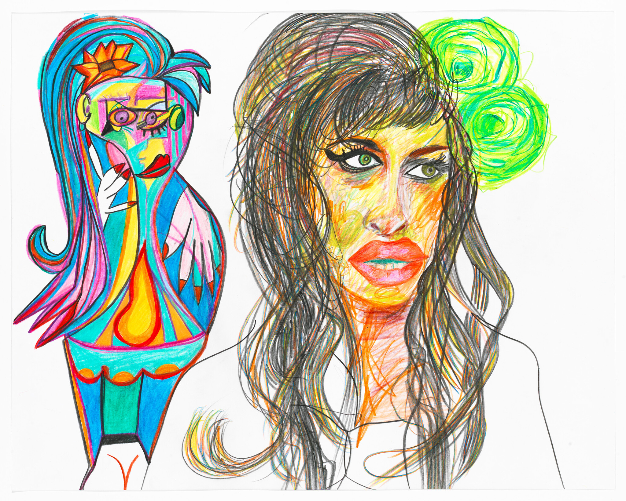 Two colorful female figures, one detailed portrait with green hair flowers and one abstract cartoon figure.