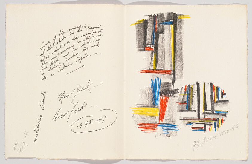 Open sketchbook with abstract colorful geometric drawings and handwritten notes including "New York 1945-49."