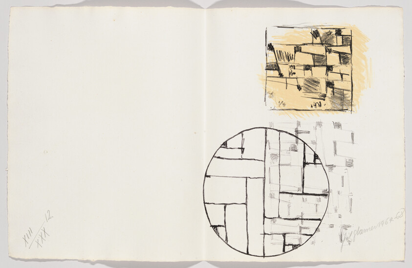 Open sketchbook showing an abstract yellow-tinted square and a circular geometric grid sketch on right page.