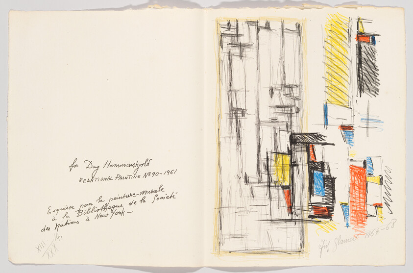 Open sketchbook showing abstract architectural drawings with colored blocks and handwritten dedication to Dag Hammarskjöld.