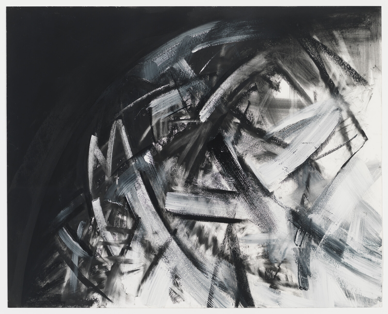 Large black-and-white abstract painting with bold sweeping brushstrokes and intersecting angular shapes.