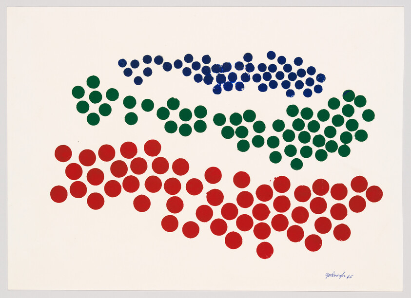 Three wavy rows of blue, green, and red circular dots on a white background.