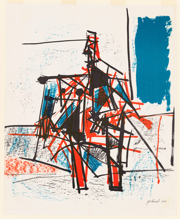 Abstract composition of intersecting black, red, and blue lines forming a tower-like structure.
