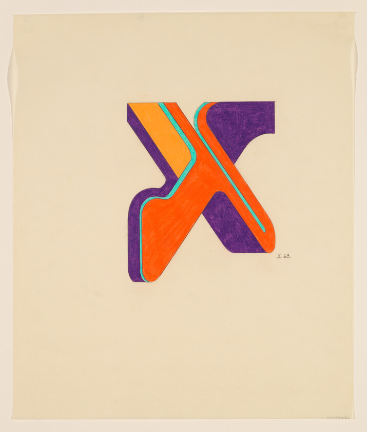 A bold, colorful stylized letter X in orange, purple, and teal on a beige background.