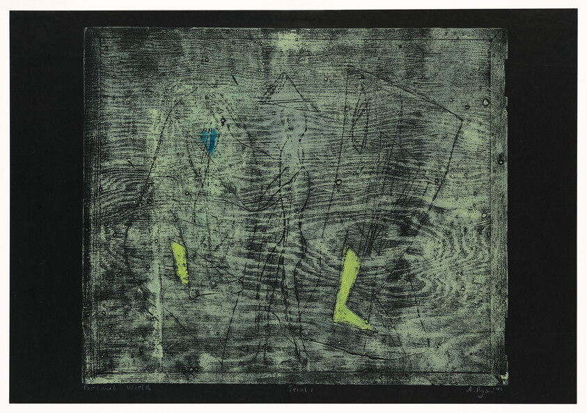 Faint sketched human figure amid green textured background with bright yellow and blue abstract shapes.