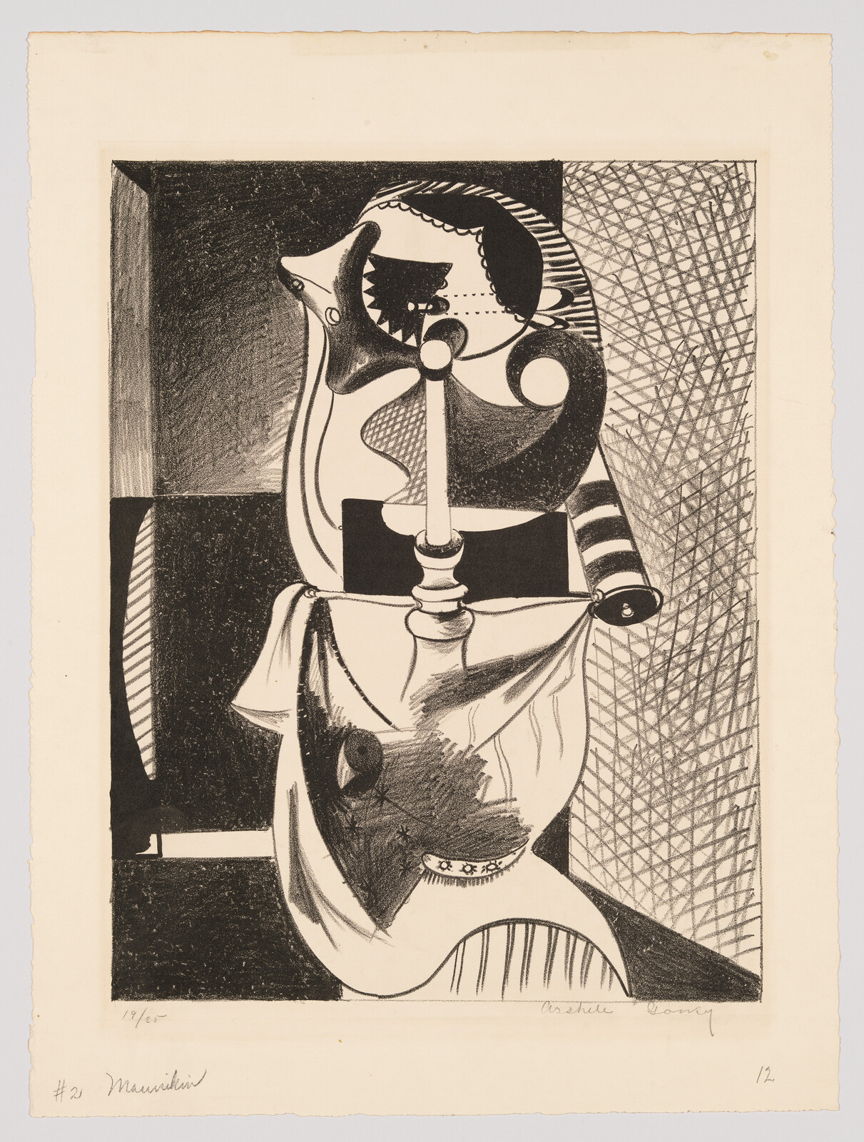 Abstract cubist portrait with draped cloth, stylized face, and a central vertical candlestick-like form.