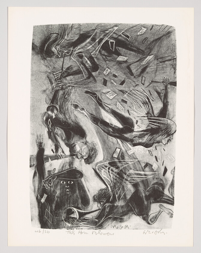 Angled figures blowing horns send cards and papers scattering through a dark, swirling scene.