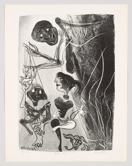 A skeletal figure manipulates a grotesque puppet while a woman looks on, bound by strings.