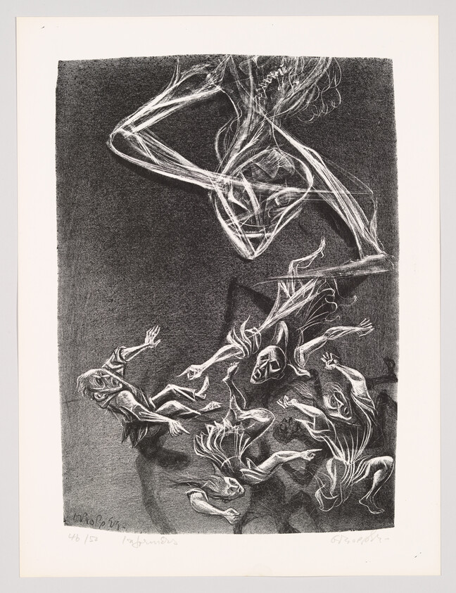 A large skeletal figure looms above several small falling figures reaching upward.