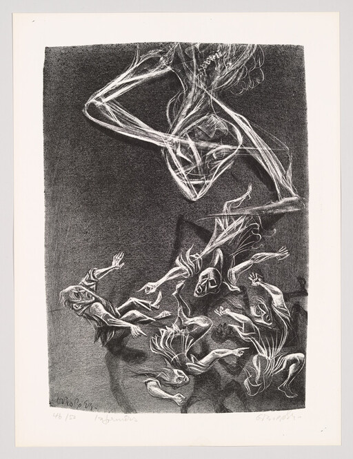 A large skeletal figure looms above several small falling figures reaching upward.
