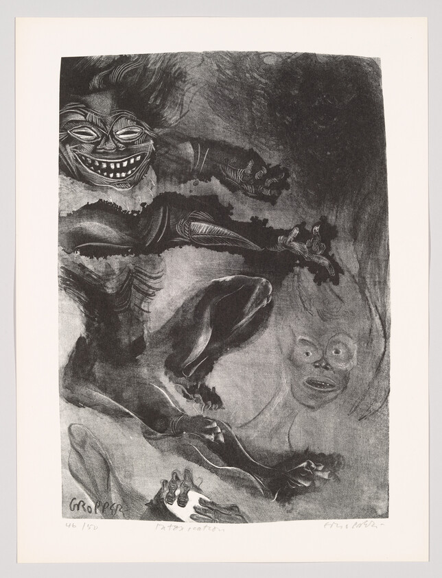 A grotesque, grinning figure reaches across the composition toward a floating, shocked face.