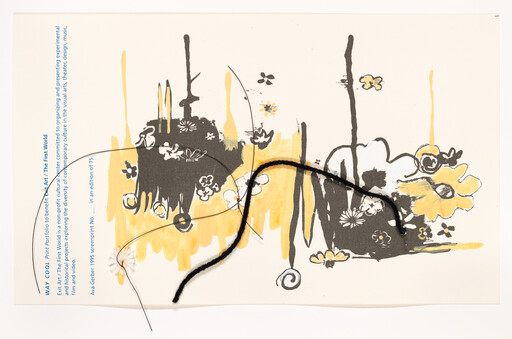 A black yarn strand is draped across a yellow and gray floral abstract screenprint.