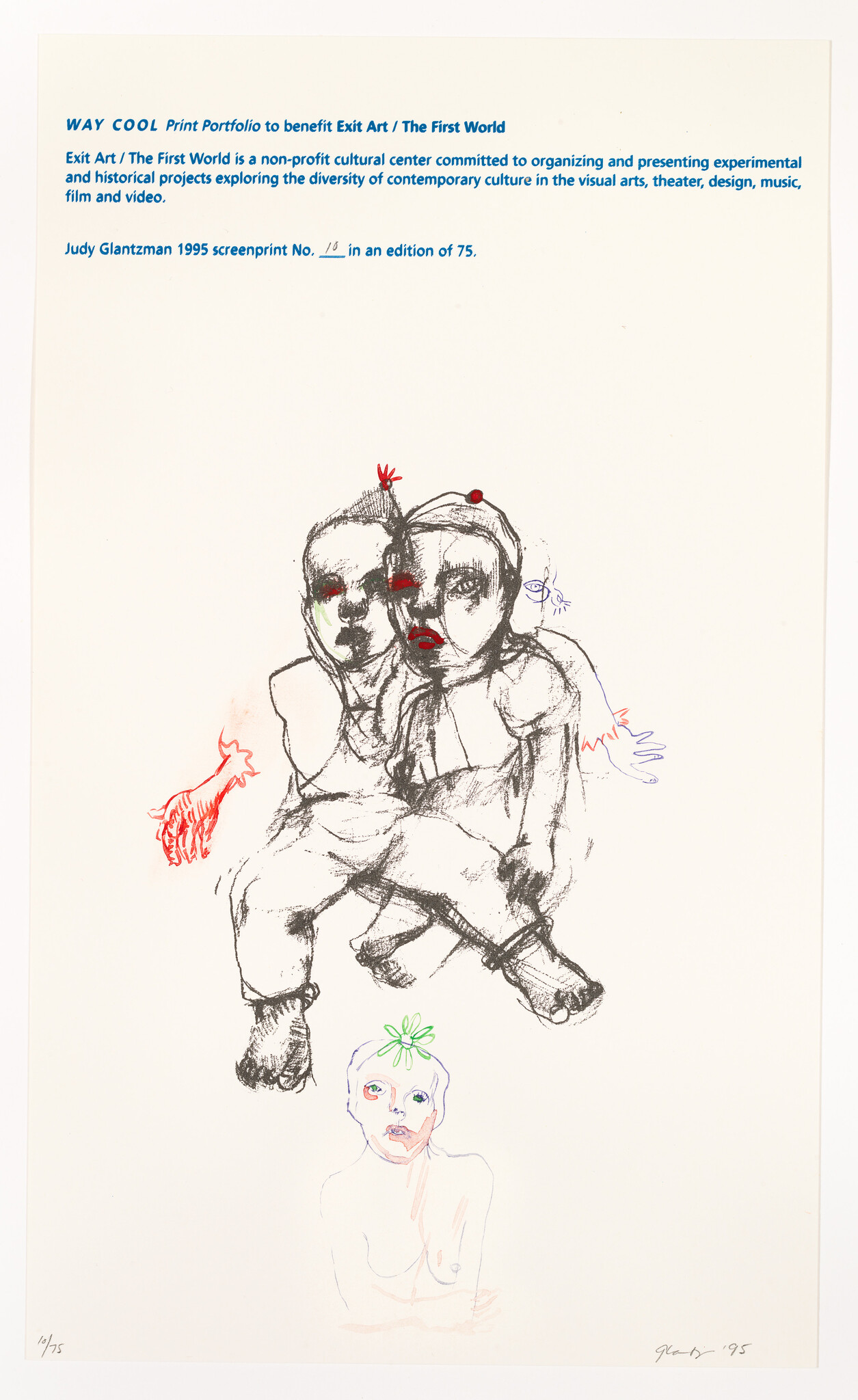 Two sketched children sitting closely with red facial accents and a smaller seated figure below.