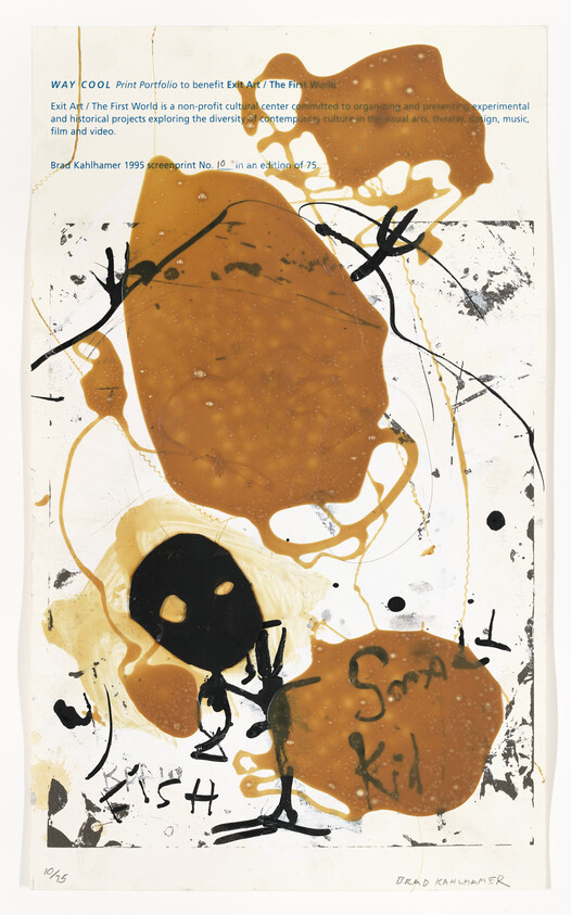 Abstract print with large brown blobs and a black stick figure head with handwritten "Some Kid".