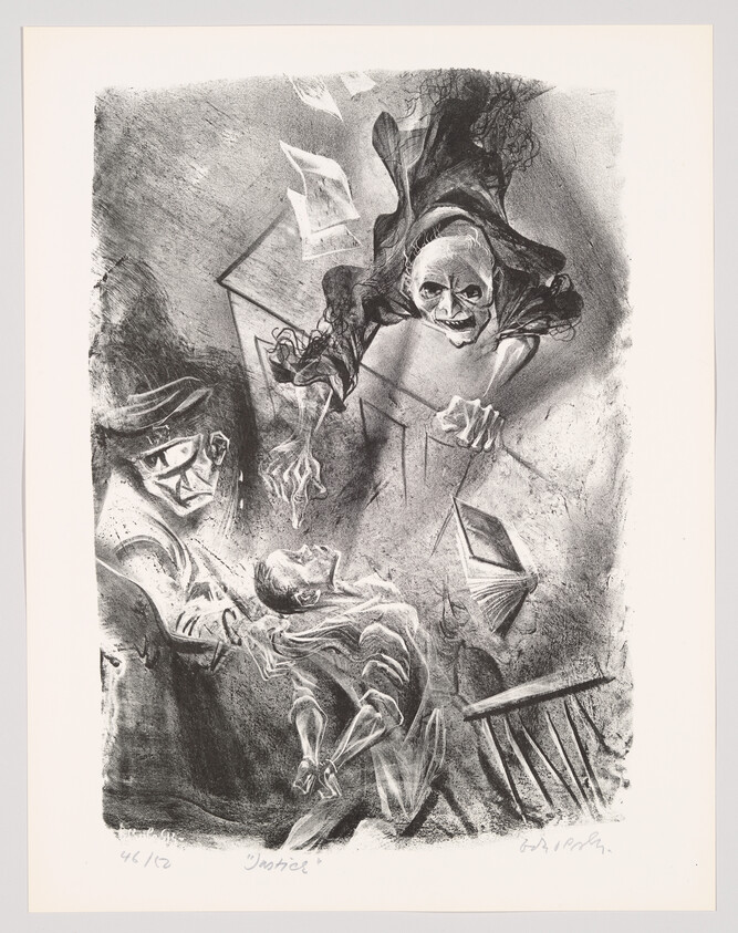 A skeletal figure looms over terrified people as papers and books fly around them.