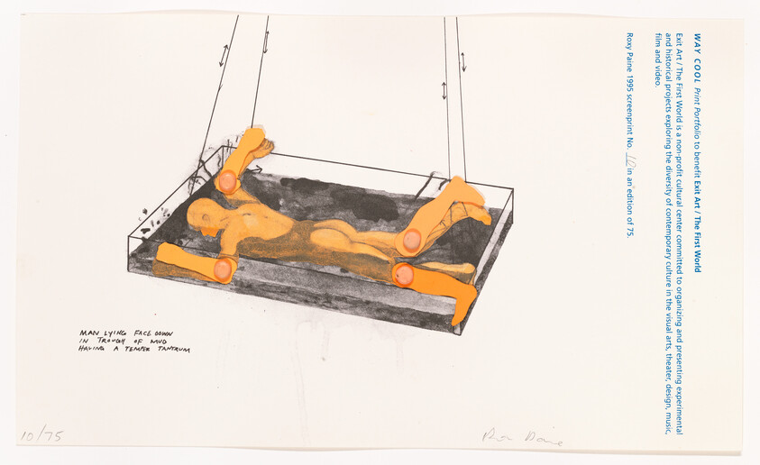 A nude man lies face down in a shallow tray with detached orange limbs positioned around him.