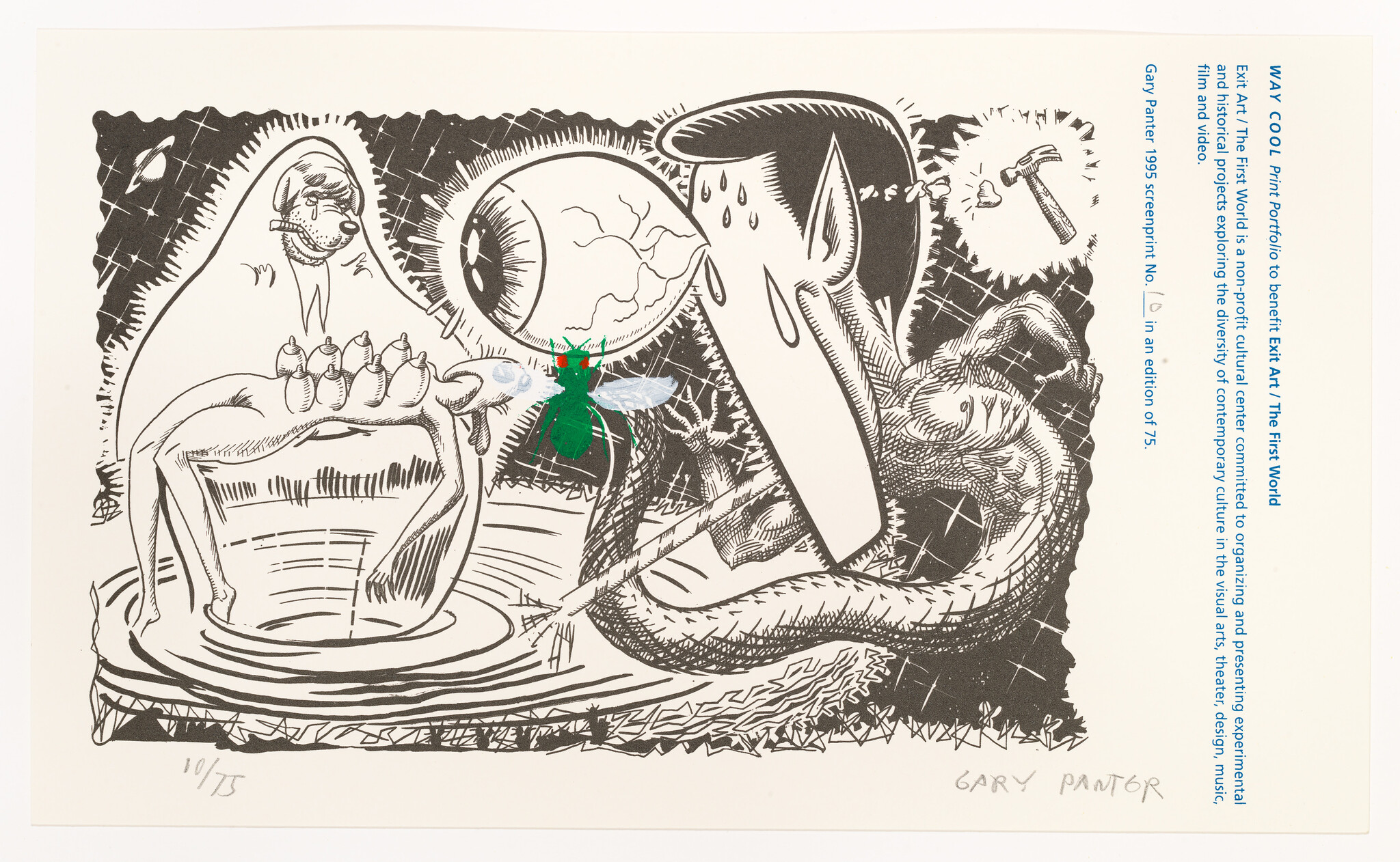 Illustration by Gary Panter featuring a surreal and eclectic mix of elements: a large eye with a world map pupil, a melting candle, a humanoid figure with a dog's head, a snake, and a fly with a human face, all arranged on a plate-like surface. The artwork is numbered 10/75 and includes text on the right side describing it as a portfolio piece to benefit Exit Art, The First World.
