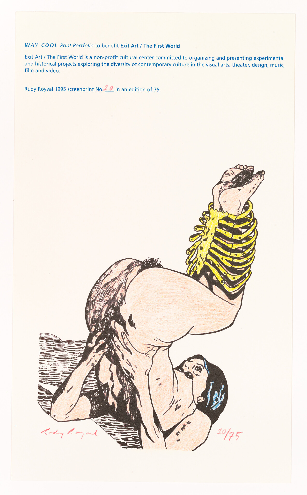 Two nude figures engaged in an inverted intimate pose, one lifting the other's legs adorned with yellow rib-like cuffs.