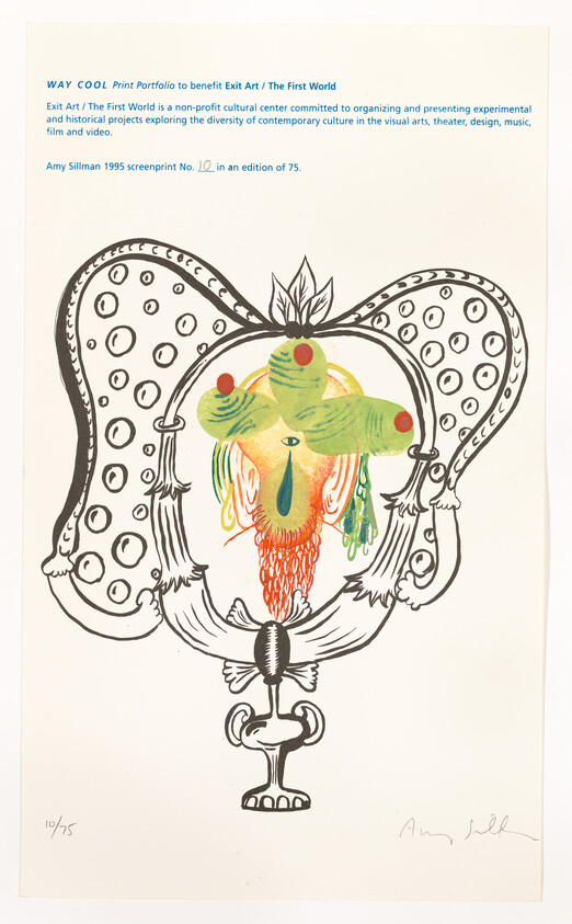 A colorful surreal creature with green faces and red beard inside an ornate black frame.