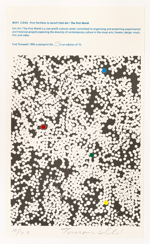 Poster showing a dense field of white dots over black with four colored dots and title text at the top.