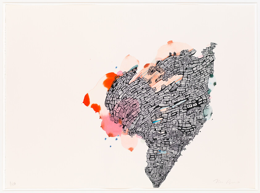 A vibrant abstract artwork featuring a dense cluster of black and white patterned shapes resembling a cityscape, overlaid with splashes of orange, pink, and blue watercolor. The piece is numbered and signed by the artist in the lower corners on a white background.