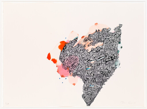 A dense cluster of tiny building shapes forms a heart-like island with colorful watercolor splashes.