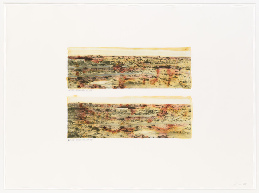 Two rectangular, abstract prints with earthy tones and textured patterns are displayed one above the other against a white background. Each print features a blend of yellows, reds, and blacks that create a landscape-like appearance. Below the prints, there is text and numbers, possibly indicating the title and edition of the artwork. The image is signed by the artist in the lower right corner.