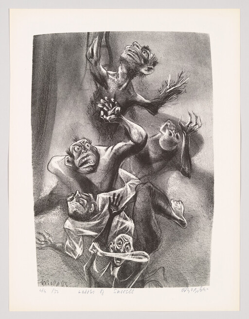 Several anguished, clawing figures tumble and reach upward in a dark, chaotic scene.