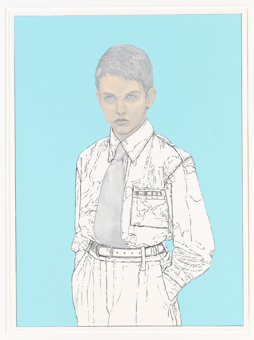 A young boy in a shirt and tie stands with hands in his pockets against a blue background.