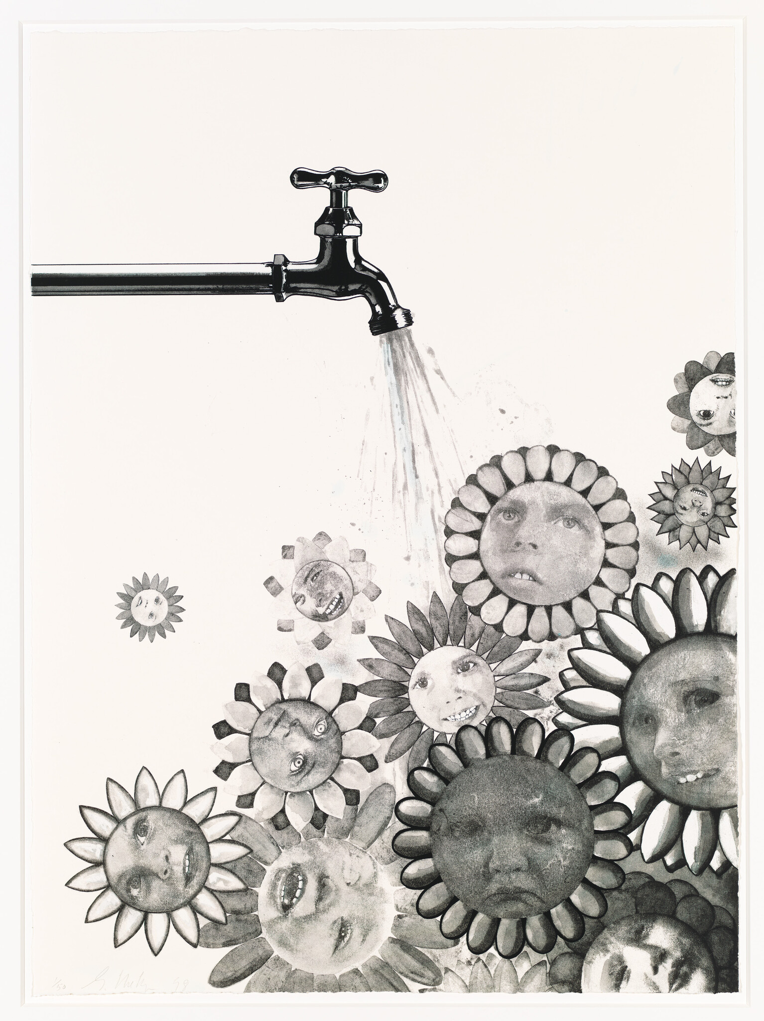 A black and white illustration featuring a tap on the left side with water flowing out, transforming into a variety of sunflowers with human faces. The faces on the sunflowers display a range of expressions from smiling to surprised. The background is plain, emphasizing the contrast between the realistic tap and the surreal floral faces.