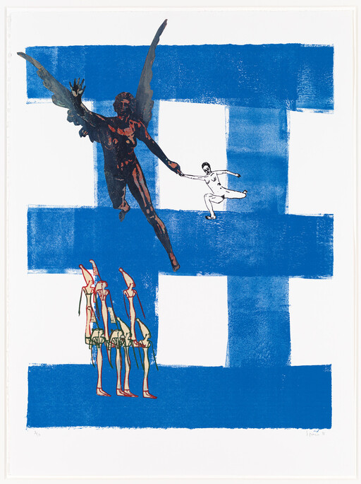 A large winged figure holds a smaller balancing person’s hand above blue block patterns.